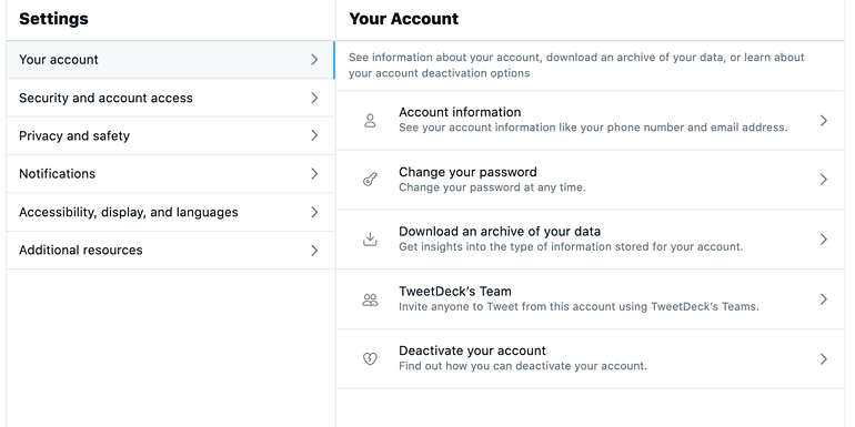 Twitter Settings Menu