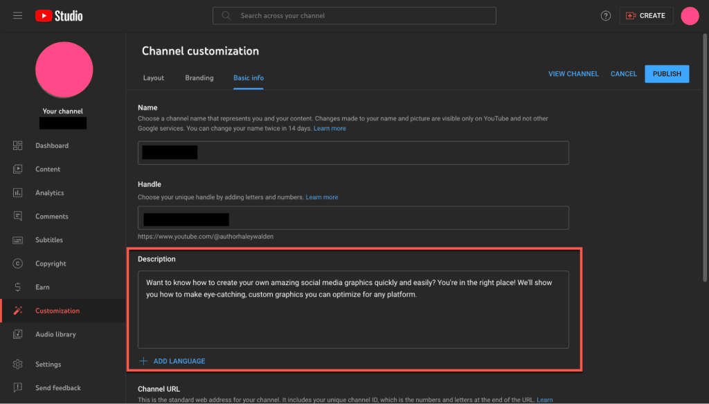 youtube channel customization description